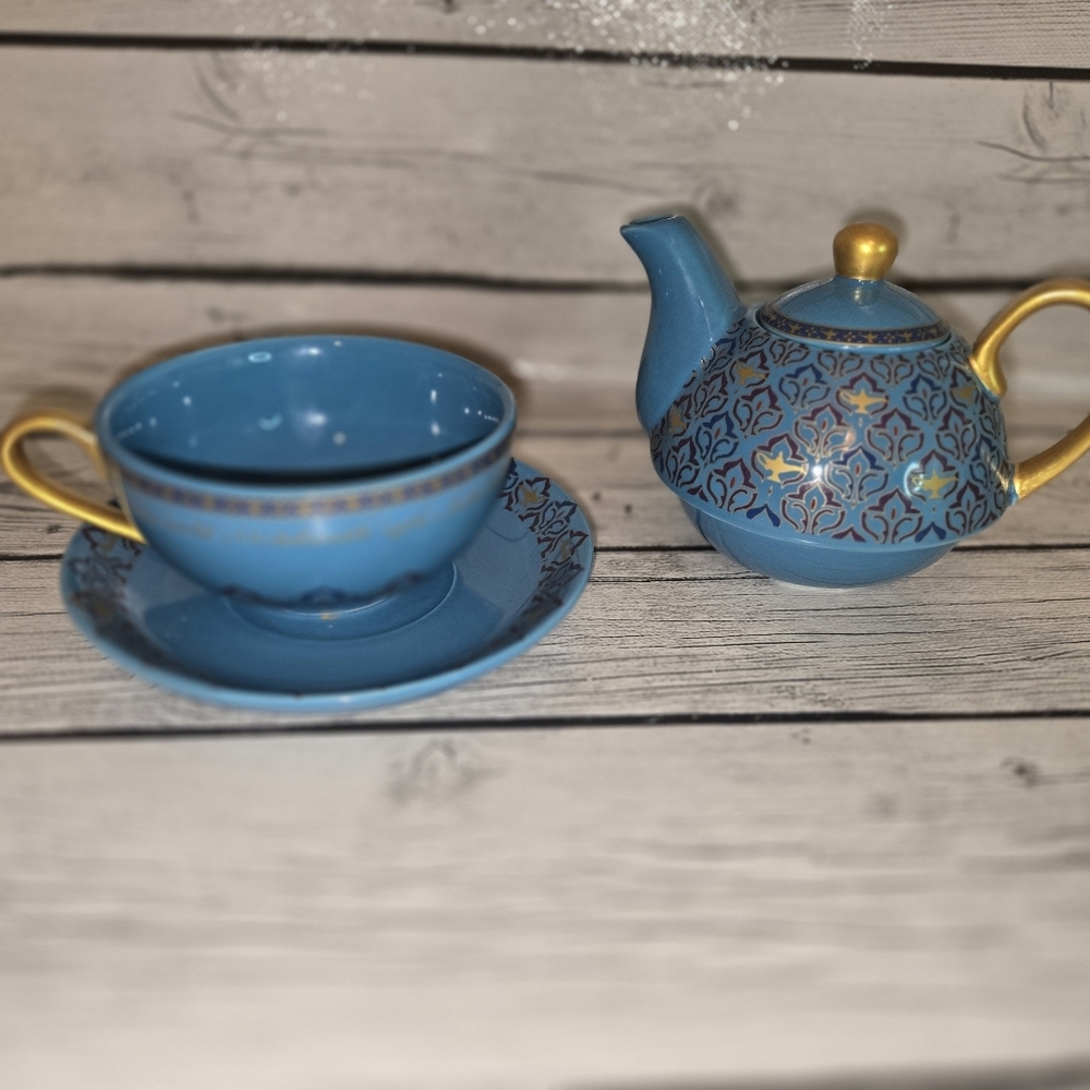Disney Aladdin The Musical Teapot Cup Saucer Magic Lamp 3 piece blue RARE - Picture 9 of 9